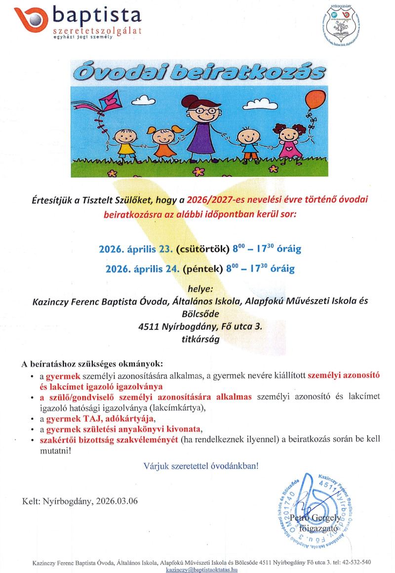 Hirdetmény óvoda 2026
