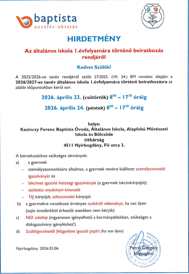 Hirdetmény iskola 2026