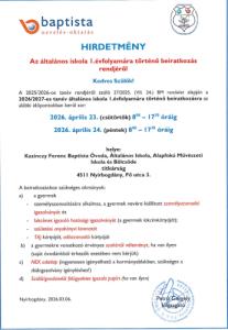 Hirdetmény iskola 2026